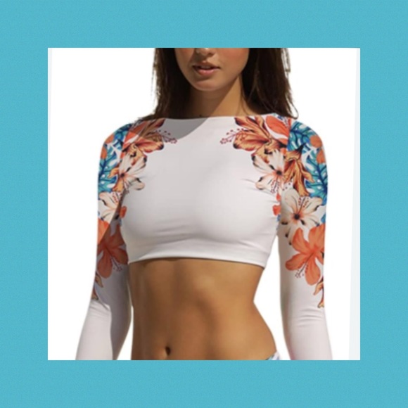 Floral Long Sleeve Crop Top - White and Orange 37 - Picture 3 of 6